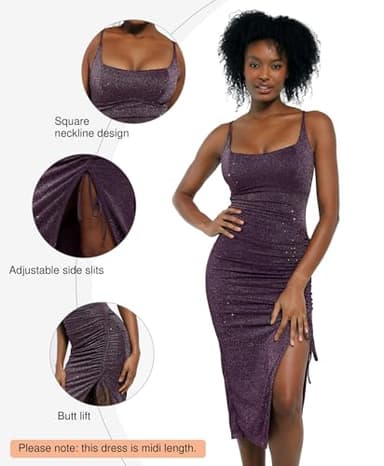 Popilush Sparkly Cocktail Dresses for Women Shapewear Formal Wedding Guest Dress Fall Square Neck Ruched Midi Dress Side Slit Purple - Image 4
