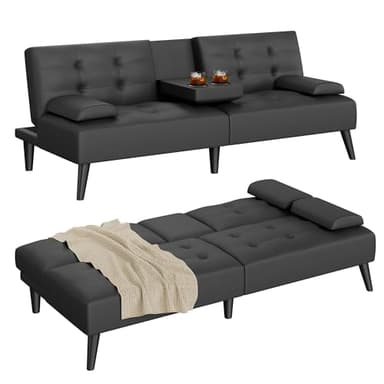 Shintenchi Futon Sofa Bed, Leather Foldable Couch, Reclining Sleeper w/Removable Armrests, Upholstered Loveseat w/Folding Cup Holders for Home, Office, Black - Image 3