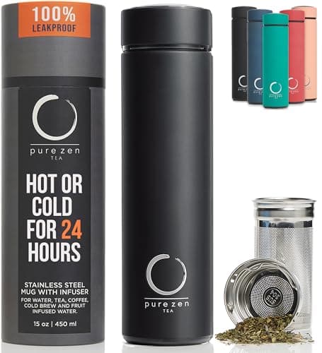 Pure Zen Tea Thermos with Infuser for Hot and Cold Infusions, Coffee and Fruit-Infused Water - Stainless Steel - Tea Infuser Bottle - Leakproof Travel Mug with Filter - 15oz - Black - Image 1