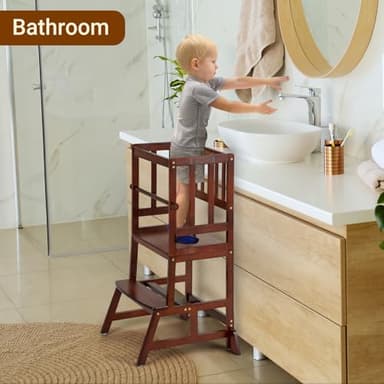 COSYLAND Toddler Standing Tower - Adjustable Height Toddler Kitchen Stool Helper - Kids Kitchen Step Stool for Learning with Removable Safety Railing Brown - Image 7