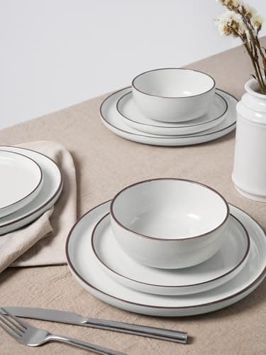 Famiware Mercury Plates and Bowls Sets, 12 Pieces Stoneware Dinnerware Sets, Dishes Set for 4, Microwave and Dishwasher Safe, White - Image 5