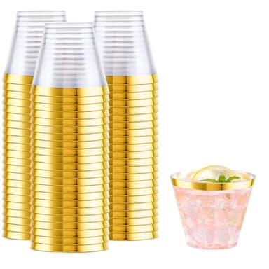 WELLIFE 200 PCS Gold Plastic Cups,9 oz Clear Plastic Cups,Disposable Wine Glasses,Plastic Cocktail Glasses for Party and Wedding - Image 1