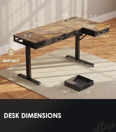 OffiGo 63 Inch L Shaped Electric Standing Desk with Drawers, Height Adjustable Large Desk with Power Outlets, Sit Stand Table, Writing Computer Desk for Home, Office, Workstation, Rustic Brown - Image 4