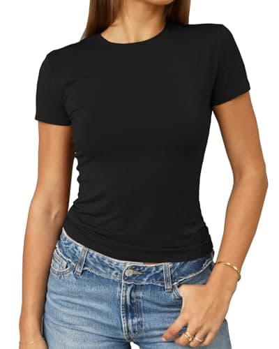 Abardsion Women's Casual Basic Going Out Crop Tops Slim Fit Short Sleeve Crew Neck Tight T Shirts 2025 (Black, XS) - Image 1