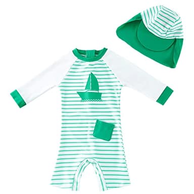 upandfast Baby/Toddler Swimsuit UPF 50+ Sun Protection One Piece Zipper Bathing Suit with Sun Hat Infant Beach Swimwear (Green Boat, 9-12 Months) - Image 1