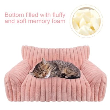 Cute Cat Couch Bed for Indoor Cats, Fluffy Pet Cat Sofa with Premium Soft Corduroy Fleece, Cute Small Dog Beds for Small Dogs, Fuzzy Puppy Chair with Removable Washable Cover (24x18x10,Pink) - Image 3