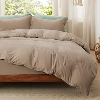 Bedsure Duvet Cover Queen Size with Fitted Sheet - 4 Pieces Prewashed Cotton-Like Extra Soft Bedding Set, Includes 1 Duvet Cover 90x90 Inches, 2 Pillow Shams, 1 Fitted Sheet, Deep Beige - Image 1
