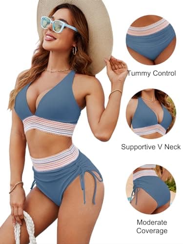 Blooming Jelly Womens High Waisted Bikini Set Tummy Control Bathing Suit Two Piece Color Block Swimsuit (XXL, Haze Blue) - Image 5