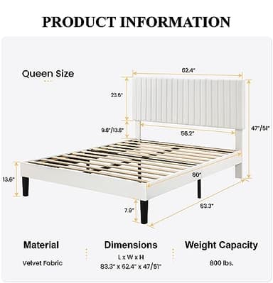 SHA CERLIN Queen Upholstered Platform Bed Frame with Vertical Channel Tufted Velvet Fabric Adjustable Headboard, Wooden Slats Support, Mattress Foundation, Box Spring Optional, White - Image 2