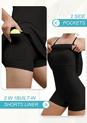 IUGA Tennis Dress for Women Athletic Golf Workout Dress with Built-in Shorts and Bra, Adjustable Straps & Pockets Black - Image 3