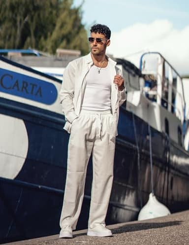 COOFANDY Mens Coordinated Outfit All White Hawaiian Shirt and Linen Pants Sets Casual Beach Linen Sets 2 Piece, White, Large - Image 2