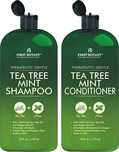 First Botany Tea Tree Mint Shampoo & Conditioner for Men & Women - Pure Tea Tree & Peppermint Oil - Fights Hair Loss, Dandruff, Lice & Itchy Scalp, Promotes Hair Growth - Sulfate Free - 16 Fl Oz x 2 - Image 1