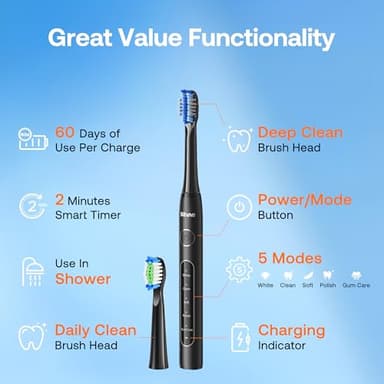 Bitvae ADA Accepted Electric Toothbrush, Travel Toothbrush Rechargeable for Adults and Kids, 60-Day Battery, 5 Modes, 8 Heads, Portable Travel Case & Holder, Shadow Black - Image 4