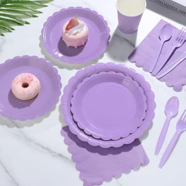 Xiangqu 175 Pcs Lavender Paper Plates and Napkins, Light Purple Party Supplies Include Scalloped Lavender Plates Napkin Cup Plastic Cutlery for Garden Party, Baby Shower, Wedding, Birthday - Image 5