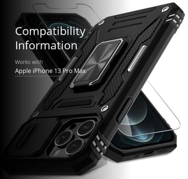 DEERLAMN Case for iPhone 13 Pro Max with Slide Camera Cover+Screen Protector(1 Pack),Rotated Ring Kickstand Military Grade Shockproof Protective Cover 6.7 Inch-Black - Image 3