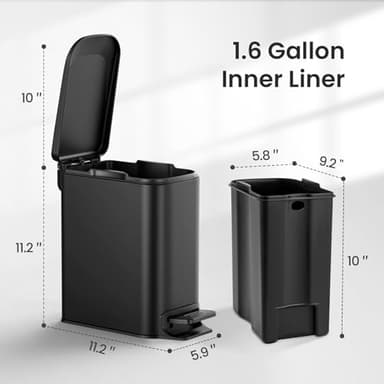 Cesun Small Bathroom Trash Can with Lid Soft Close, Step Pedal, 6 Liter / 1.6 Gallon Stainless Steel Garbage Can with Removable Inner Bucket, Anti-Fingerprint Finish (Matt Black) - Image 3