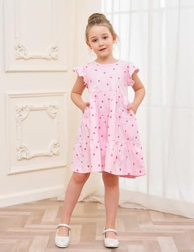 Kids Girl's Dresses Clothes Summer Spring Valentines Day Outfits Cotton Midi Ruffle Tank Sleeveless Sundress Clothing with Pockets Pink Hearts Size 12-13 Years - Image 3