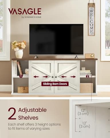 VASAGLE Farmhouse TV Stand for TVs up to 65 Inches, Entertainment Center with Storage Cabinets and Sliding Barn Doors, Media Console Table for Living Room, Rustic White and Honey Brown ULTV535W01 - Image 3