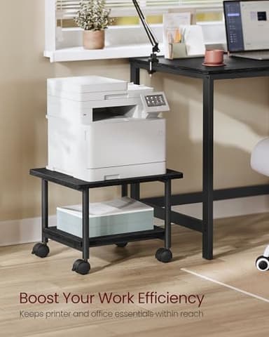 VASAGLE Heavy-Duty Printer Stand with Locking Wheels, 2-Tier Industrial Mobile Cart with Storage Shelf, Under Desk Printer Table for Home, Office, 13.4" Height, Ebony Black UOPS02B - Image 3