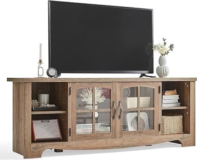 LINSY HOME Farmhouse TV Stand for 65 Inch TV, Wood Entertainment Center with Glass Door Storage Cabinet & Adjustable Shelves, Large Sturdy Console Table for Living Room & Bedroom - Image 1