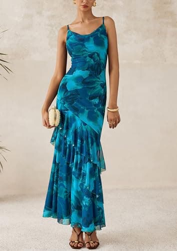 PRETTYGARDEN Maxi Dresses for Women 2025 Summer Tiered Floral Beach Sundress Spaghetti Strap Wedding Guest Long Dress (Print Blue Green,Medium) - Image 5
