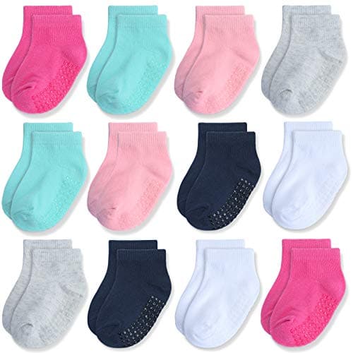 JAKIDAR 12 Pair Baby Toddler Socks Non-Slip Grip Cotton Ankle Socks for Boys Girls Non Skid Soles for Infants Kids, Assorted Girl, 12-24 Months - Image 1