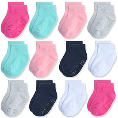 JAKIDAR 12 Pair Baby Toddler Socks Non-Slip Grip Cotton Ankle Socks for Boys Girls Non Skid Soles for Infants Kids, Assorted Girl, 12-24 Months - Image 1