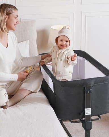 Larex Baby Bassinet, 3 in 1 Bassinets Bedside Sleeper for Newborn, Portable Crib Adjustable 7 Height Bedside Bassinet with Mattress and Wheels Dark Grey - Image 5