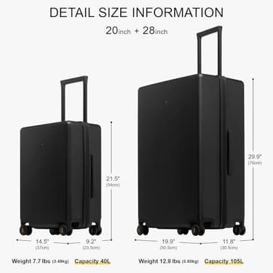 LEVEL8 Elegance Matte Luggage Set, 20 Inch Carry-on Luggage, 28“ Large Suitcase Lightweight Hardside Suitcases with Wheels,Tsa Lock,2-Piece Set(20/28), Black - Image 2