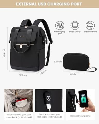 LOVEVOOK Laptop Backpack for Women, 15.6 Inch Work Laptop Bag with USB Port, Fashion Teacher Nurse Backpack Purse, Waterproof Travel Computer Backpack with Organizer Bag, 2PCS, Beige-Black - Image 4