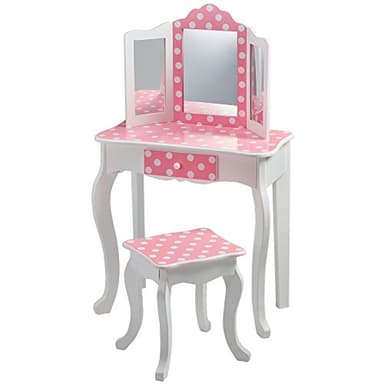 Teamson Kids Princess Gisele Polka Dot Print 2-Piece Kids Wooden Play Vanity Set with Vanity Table, Tri-Fold Mirror, Storage Drawer, and Matching Stool, White with White/Pink Polka Dot Accent - Image 5