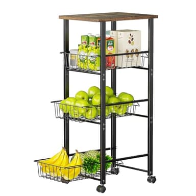 Delamu Kitchen Organizer and Storage Cart, 4-Tier Rolling Utility Cart with Wheels, Slide-Out Baskets and Table Top, for Fruit Potato Onion Vegetable Snack,Black - Image 4
