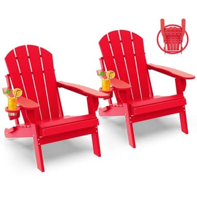 GREENVINES Folding-Adirondack-Chairs-Set-of-2 | HDPE Plastic | Fire Pit Chair | All Weather | Cup Holder | Red | for Deck Backyard Patio Outdoor Garden - Image 1