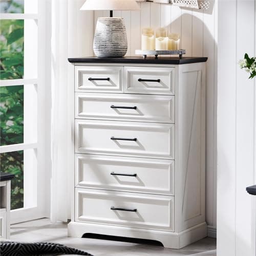 ACCOHOHO 6 Drawer Dresser, Farmhouse Chest of Drawers for Bedroom, 44" Tall Dresser with Large Metal Handles, Wood Drawer Organizer for Living Room, Hallway, Closet - White - Image 1