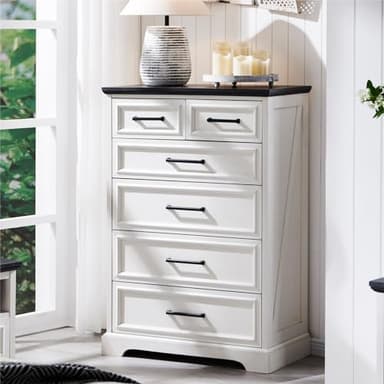 ACCOHOHO 6 Drawer Dresser, Farmhouse Chest of Drawers for Bedroom, 44" Tall Dresser with Large Metal Handles, Wood Drawer Organizer for Living Room, Hallway, Closet - White - Image 1