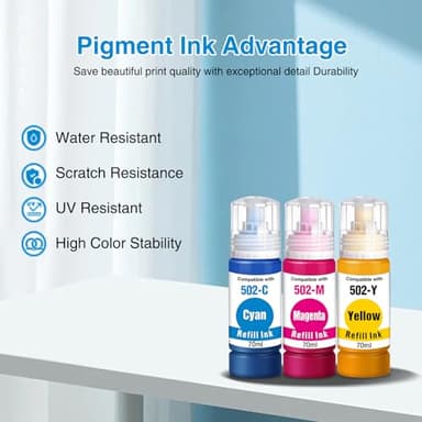 Replacement for 502 Ink Bottle Color Combo Pack Replacement for Epson 502 Compatible for EcoTank ET-2760 ET-2850 ET-4760 ET-3850 ET-15000 ET-2760 ET-4850 ET-2750 Printer (Cyan/Magenta/Yellow) - Image 6