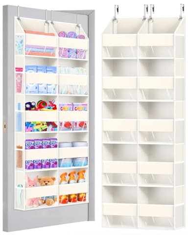 Heavy Duty Over The Door Organizer 5 Tiers, Extra Large Behind Door Storage of 10 Big Front & 10 Mesh Pockets, 80lb Weight Capacity, Doors Organizer Hanging for Closet Bathroom Bedroom Nursery, Beige - Image 1