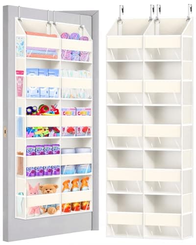 Heavy Duty Over The Door Organizer 5 Tiers, Extra Large Behind Door Storage of 10 Big Front & 10 Mesh Pockets, 80lb Weight Capacity, Doors Organizer Hanging for Closet Bathroom Bedroom Nursery, Beige