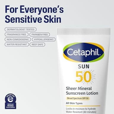 CETAPHIL Sheer Mineral Sunscreen Lotion for Face & Body 3 fl oz 100% Mineral UVA/UVB Filters: Zinc Oxide & Titanium Dioxide Broad Spectrum SPF 50 For Sensitive Skin Dermatologist Recommended Brand - Image 7
