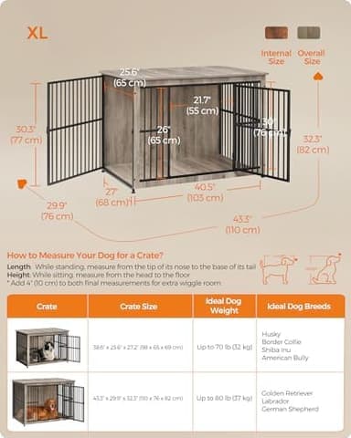 Feandrea 43.3" Dog Crate Furniture, Heavy-Duty Dog Cage Side End Table, XL Pet Wood Kennel for Large and Medium Dogs up to 80 lb with Enclosed Base, Double-Door Pet House, Greige - Image 3