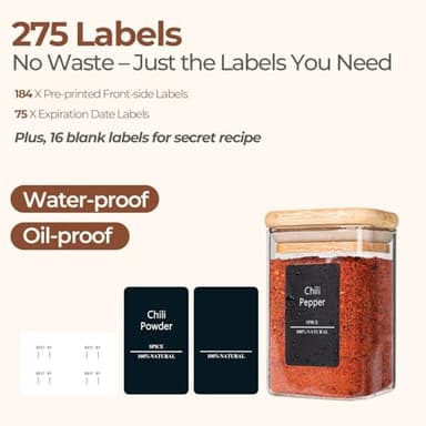 ComSaf 12Pcs Glass Spice Jars with Bamboo Lid, 8oz Airtight Square Containers with 275 Black Lables, Empty Seasoning Jars for Spice Salt Sugar - Image 5