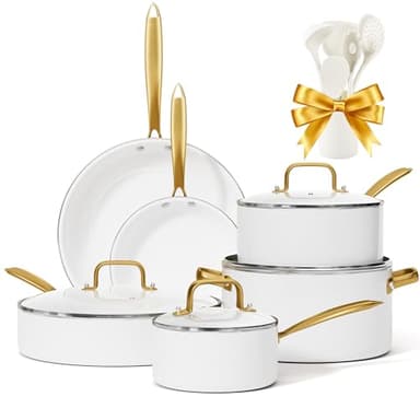 Ceramic Cookware Set, VONIKI 16 Pcs Pots and Pans Set Non Stick, Kitchen Cookware Sets with Cooking Utensils Set, Non Toxic Cookware Set White Gold Pan Set for Cooking Pot Oven & Dishwasher Safe, Gift - Image 1