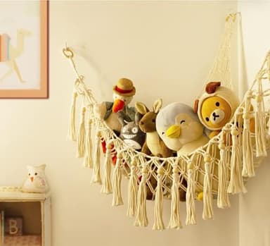 Stuffed Animal Toy Storage Hammock with LED Light - Macrame Jumbo Doll Corner Stuff Animals Organizer Decorations - Cute Hanging Plushie Net Kids Baby Nursery Bedroom Room Decor - Image 2