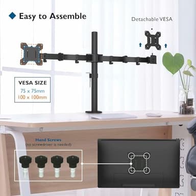 BONTEC Dual Monitor Desk Mount, Full Motion Adjustable Monitor Stand for 13–27 Inch Screens, Heavy Duty Arms Hold Up to 22 lbs Each, VESA 75x75/100x100 mm, C Clamp and Grommet Base, Cable Management - Image 6