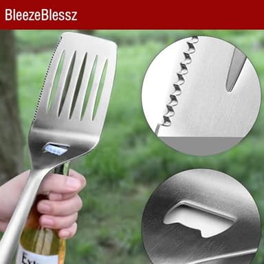 BleezeBlessz BBQ Gift Tool Set 6 Piece BBQ Accessories with Spatula, Fork, Brush, Protective Gloves, Scissors and Grill Tongs - Heavy Duty, Stainless Steel - Image 5
