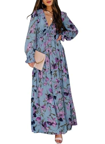 BLENCOT Women's Casual Boho Floral Printed Deep V Neck Loose Long Sleeve Long Evening Dress Ruched Cocktail Party Maxi Wedding Dress Blue Medium - Image 1
