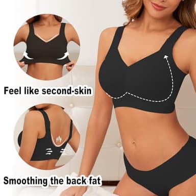 PoseFree Wireless Bras for Women Full Coverage Bra Full Support and Lift No Underwire Back Smoothing Bralette Everyday Bra (Black,XL) - Image 2