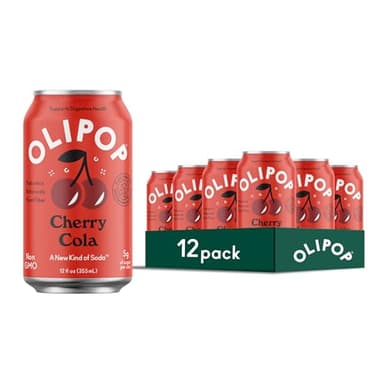 OLIPOP Prebiotic Soda Pop, Cherry Cola, Pantry Pack Packed with Prebiotics, Fiber, and Botanicals, Gluten Free, Vegan, GMO Free, 12oz (12-Cans) - Image 1