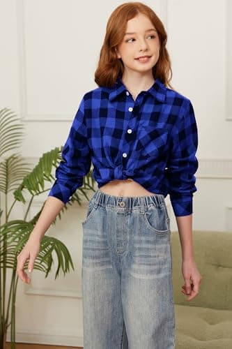 SANGTREE Girls Plaid Shirts Long Sleeve Button Down Flannel Shirts Buffalo Blue, 8-9 Years = Tag 150 - Image 4