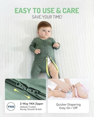 HAPIU Rayon from Bamboo Baby Footed Pajamas, 2 Way Zipper YKK, Footie for Baby Boy Girls, Newborn-24 Months, 2-Pack, Moonlight Blue&Dark Forest Green, 0-3 Months - Image 4